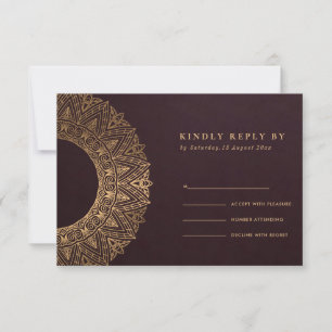 CARTÃO RSVP ORNAMENTADO CLÁSSICO DE BURGUNDY MANDALA CASAMENT