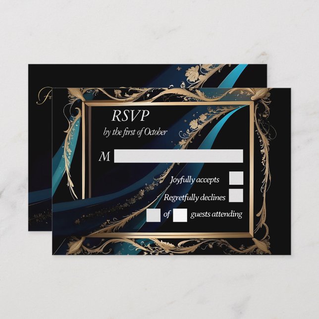 Cartão RSVP Ornamentado dourado armação azul preto (Criador carregado)