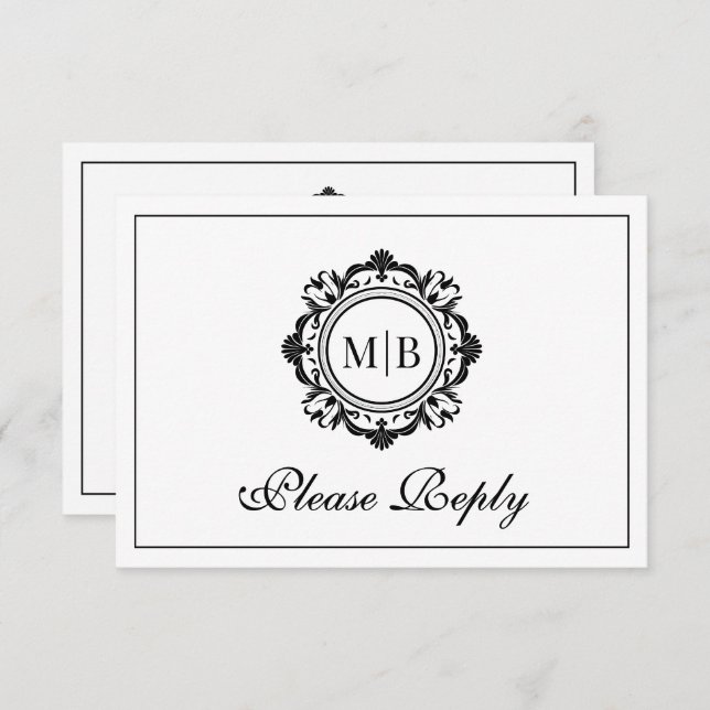 Cartão RSVP Ornamentado Floral Monograma Casamento Branco Pret (Frente/Verso)