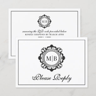 Cartão RSVP Ornamentado Floral Monograma Casamento Branco Pret