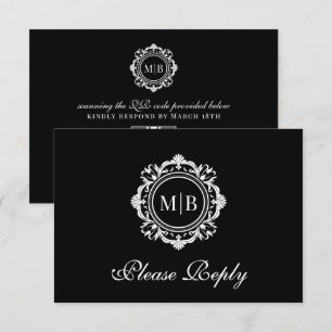 Cartão RSVP Ornamentado Floral Monograma Casamento Branco Pret