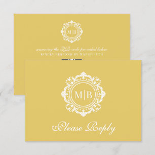 Cartão RSVP Ornamentado Floral Monograma Dourado Casamento