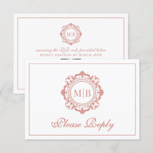 Cartão RSVP Ornamentado Floral Monograma Rosa Dourado Casament