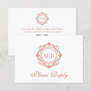 Cartão RSVP Ornamentado Floral Monograma Rosa Dourado Casament