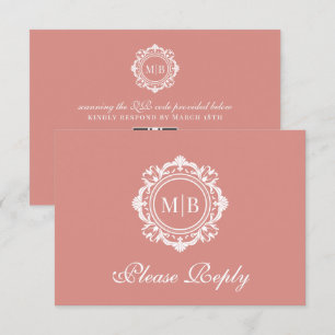 Cartão RSVP Ornamentado Floral Monograma Rosa Dourado Casament