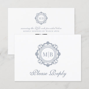 Cartão RSVP Ornamentado Floral Monograma Silver Casamento