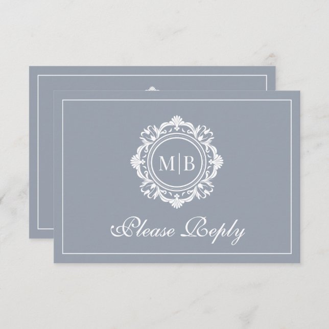 Cartão RSVP Ornamentado Floral Monograma Silver Casamento (Frente/Verso)