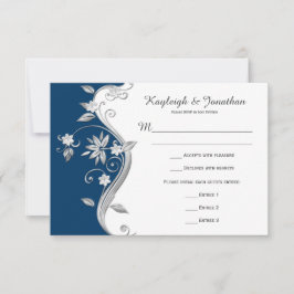 Cartão RSVP Ornamentado Marinho Azul Flores de Prata Brancas R