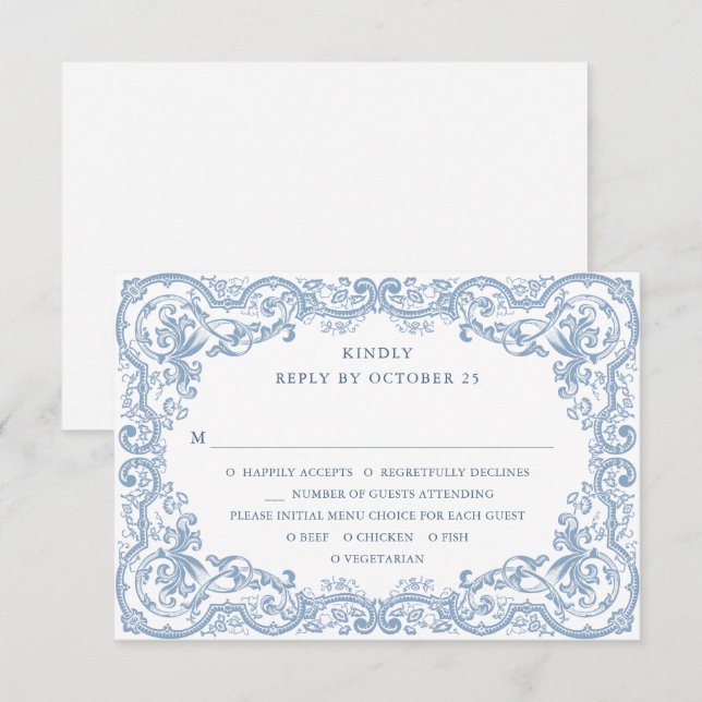Cartão RSVP Ornamentado Renascentista Casamento Azul Dusty (Frente/Verso)