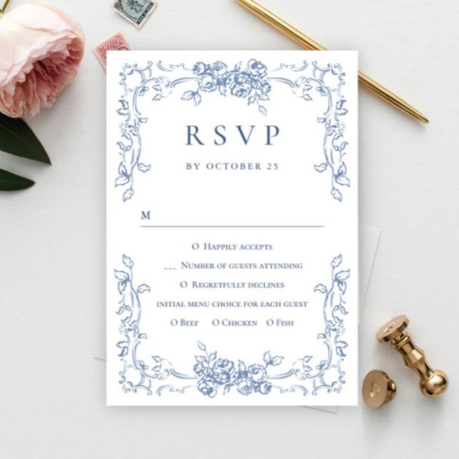 Cartão RSVP Ornamentado Renascentista Casamento Azul Dusty (Criador carregado)