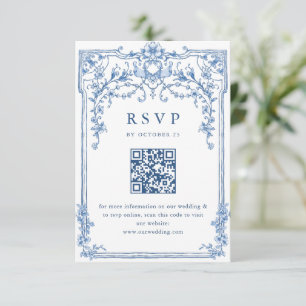 Cartão RSVP Ornamentado Vitoriano Azul Grace Floral Código QR