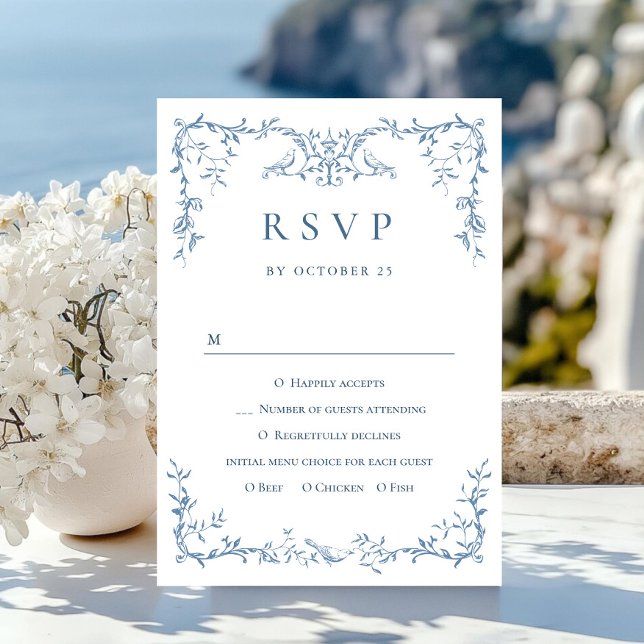 Cartão RSVP Ornamentado Vitoriano Elegante Casamento Azul Dust (Criador carregado)