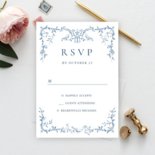 Cartão RSVP Ornamentado Vitoriano Elegante Casamento Azul Dust