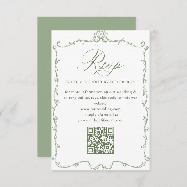 Cartão RSVP Ornamentado vitoriano Floral Sage Green Wedding Có (Frente/Verso)