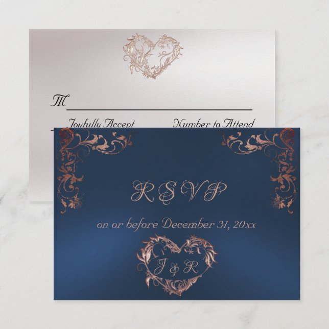 Cartão RSVP Ornate Frame & Heart - Blue/Rose Gold (Frente/Verso)