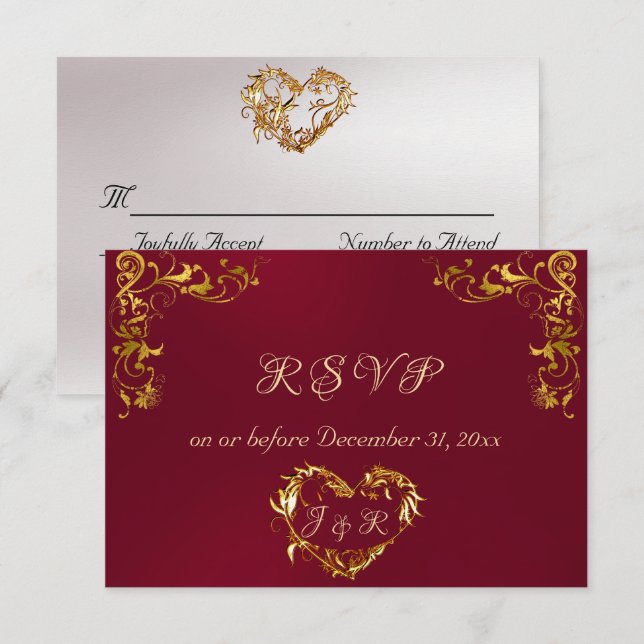 Cartão RSVP Ornate Frame & Heart - Burgundy/Gold (Frente/Verso)