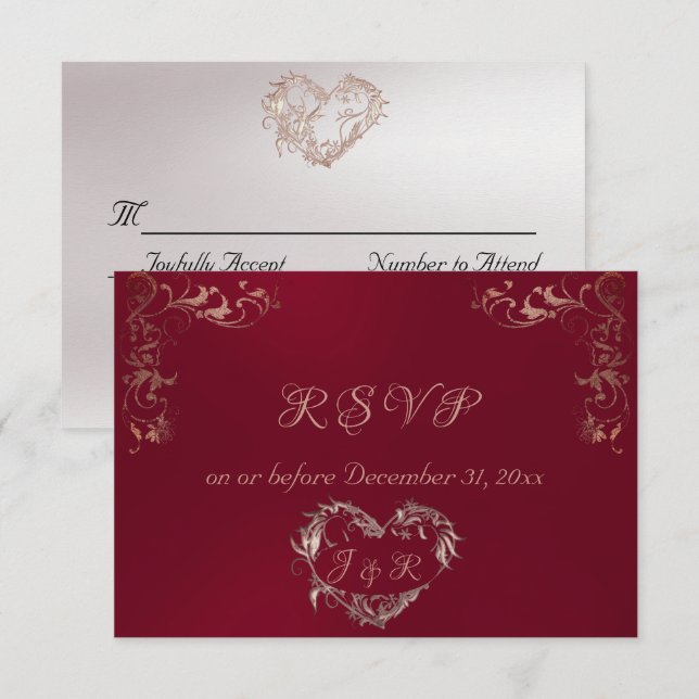 Cartão RSVP Ornate Frame & Heart - Burgundy/Rose Gold (Frente/Verso)