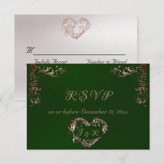 Cartão RSVP Ornate Frame & Heart - Emerald/Rose Gold (Frente/Verso)