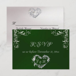 Cartão RSVP Ornate Frame & Heart - Emerald/Silver