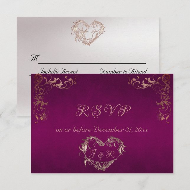 Cartão RSVP Ornate Frame & Heart - Purple/Rose Gold (Frente/Verso)