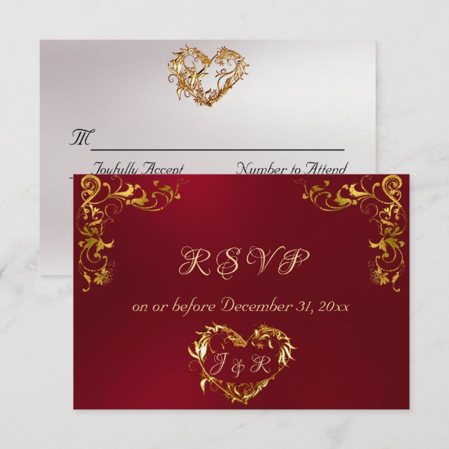 Cartão RSVP Ornate Frame & Heart - Red/Gold (Frente/Verso)