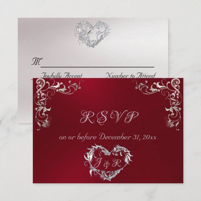 Cartão RSVP Ornate Frame & Heart - Red/Silver (Frente/Verso)