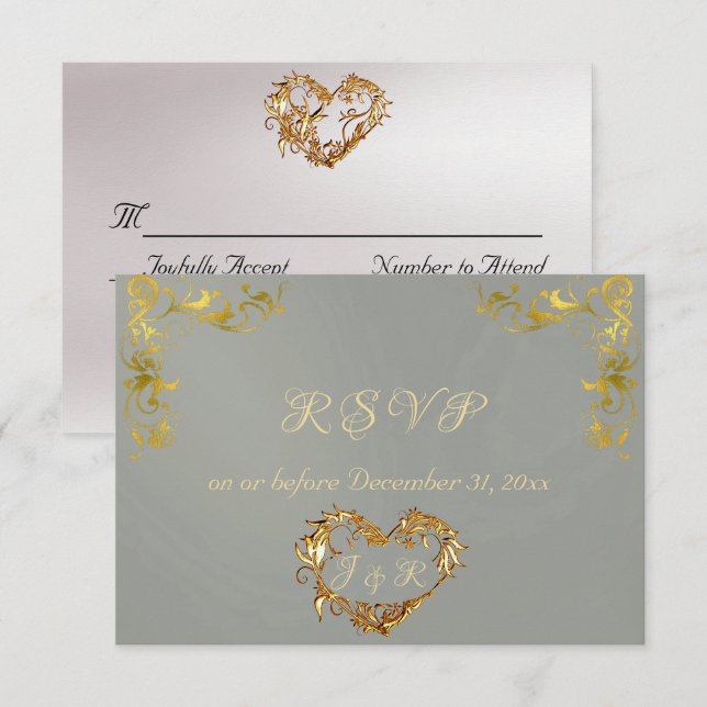 Cartão RSVP Ornate Frame & Heart - Sage/Gold (Frente/Verso)