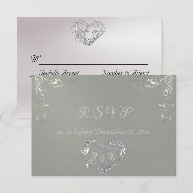 Cartão RSVP Ornate Frame & Heart - Sage/Silver (Frente/Verso)