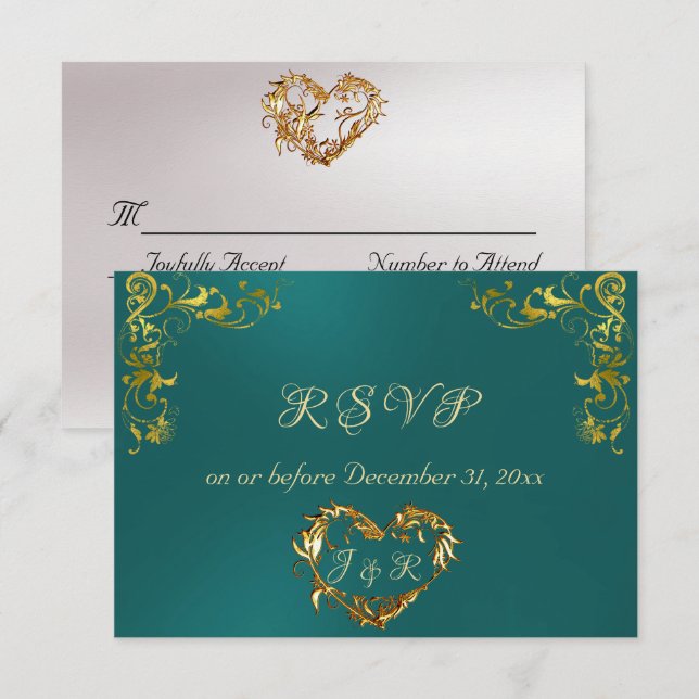 Cartão RSVP Ornate Frame & Heart - Teal/Gold (Frente/Verso)