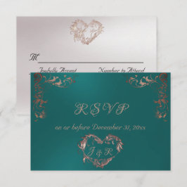 Cartão RSVP Ornate Frame & Heart - Teal/Rose Gold