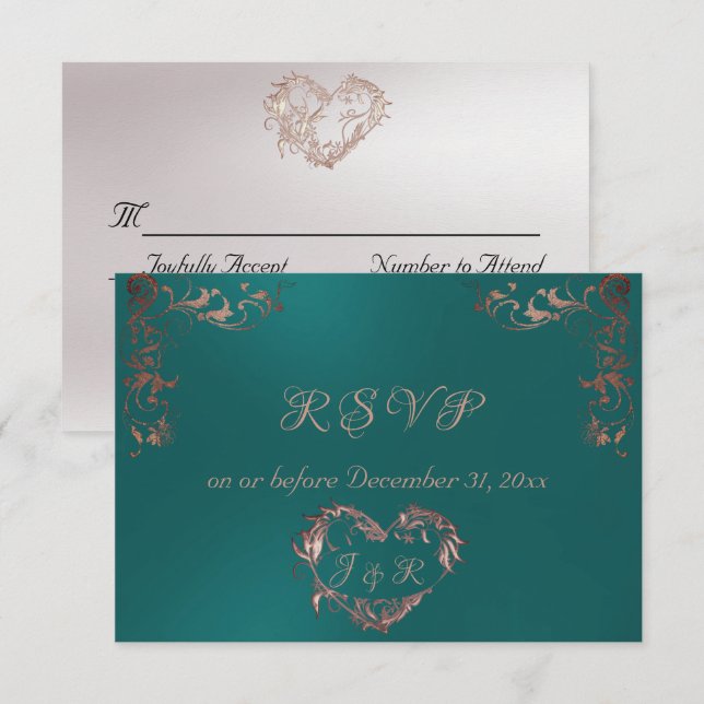 Cartão RSVP Ornate Frame & Heart - Teal/Rose Gold (Frente/Verso)