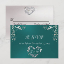 Cartão RSVP Ornate Frame & Heart - Teal/Silver