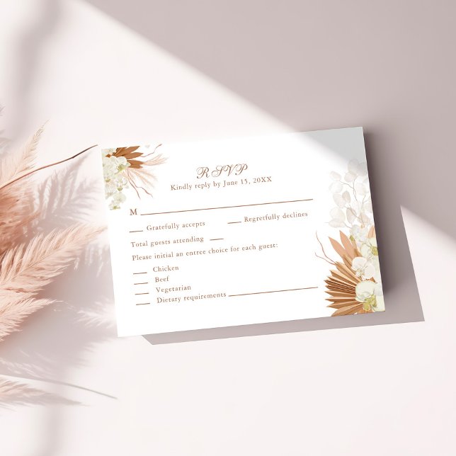Cartão RSVP Orquídea Boho Terracotta Pampas (Boho Terracotta Pampas Grass Orchid RSVP Card a sunny table)