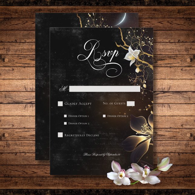 Cartão RSVP Orquídeas Pretas e Brancas Escuras Jantam (Dark Gothic Black & White Orchid Spells Dinner RSVP Card)