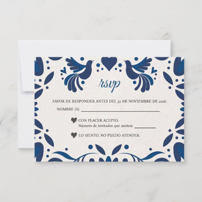 Cartão RSVP Otomi Blue Floral Elegant Fiesta Spanish Wedding (Frente)