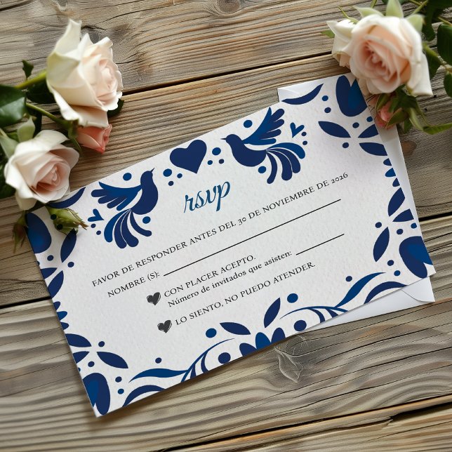 Cartão RSVP Otomi Blue Floral Elegant Fiesta Spanish Wedding (Otomi Blue Floral Elegant Fiesta Spanish Wedding RSVP Card)