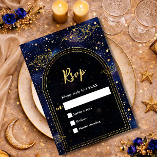 Cartão RSVP Ouro azul astronomia celestial estrelas casamento