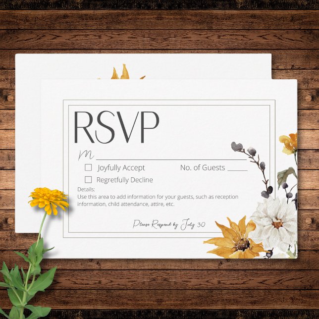 Cartão RSVP Ouro Boho Flor Amarelo Branco Sem Janto (Boho Golden Yellow Meadow Flower White No Dinner RSVP Card)