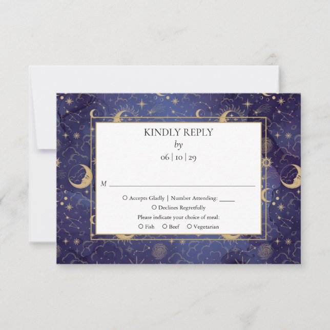 Cartão RSVP Ouro Celestial Sol E Lua Casamento (Frente)