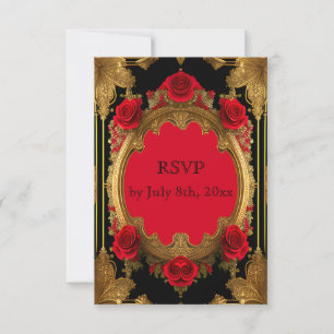 Cartão RSVP Ouro com rosas vermelhas, casamento gótico
