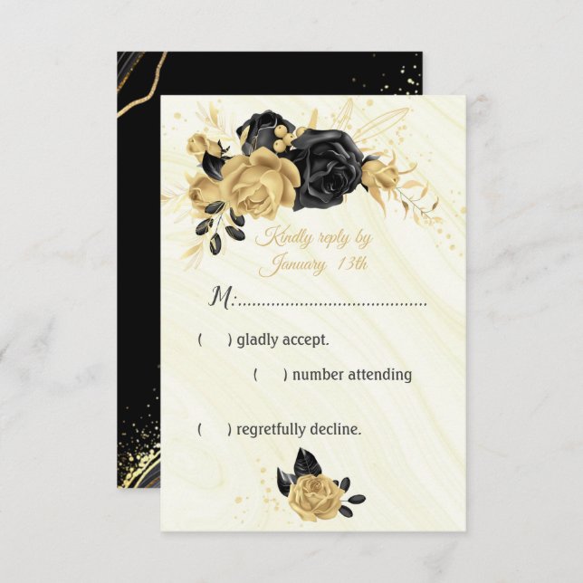 Cartão RSVP Ouro elegante e flores pretas (Frente/Verso)