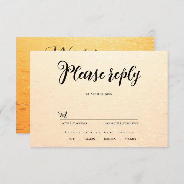 Cartão RSVP Ouro laranja de verão ondas do mar casamento (Frente/Verso)