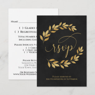 Cartão RSVP Ouro Laurel deixa no casamento Elegante Negro