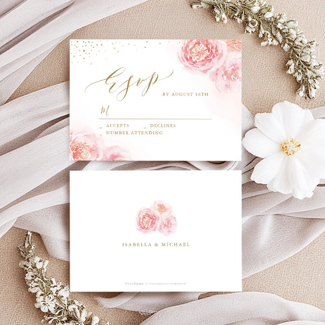 Cartão RSVP Ouro para caligrafia elegante e casamento floral p (Elegant calligraphy gold & blush floral wedding RSVP card)