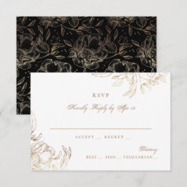 Cartão RSVP Ouro Preto Folha Floral Desenhado à Mão Casamento 