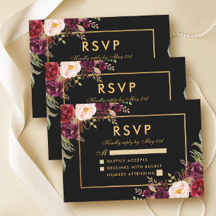 Cartão RSVP Ouro preto Wedding floral elegante de Borgonha