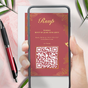 Cartão RSVP Ouro Vermelho Moderno 50 Código QR de Aniversário