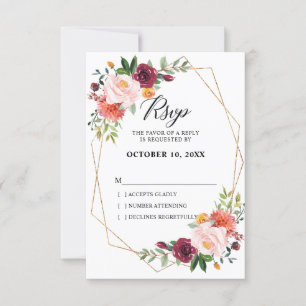 Cartão RSVP Outono Borgonha Bege Floral geométrico Casamento