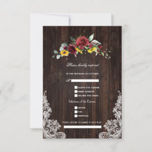 Cartão RSVP Outono Burgundy Floral Girassóis Lace Casamento
