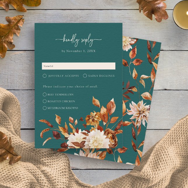 Cartão RSVP Outono Cerúleo (Teal Fall Rustic Leaves Floral RSVP Card by Painted Paperie
)